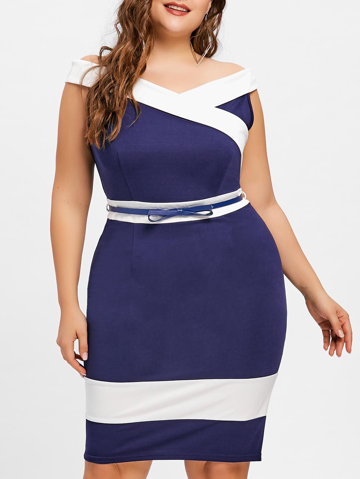 

Plus Size Knee Length Two Tone Dress, Deep blue