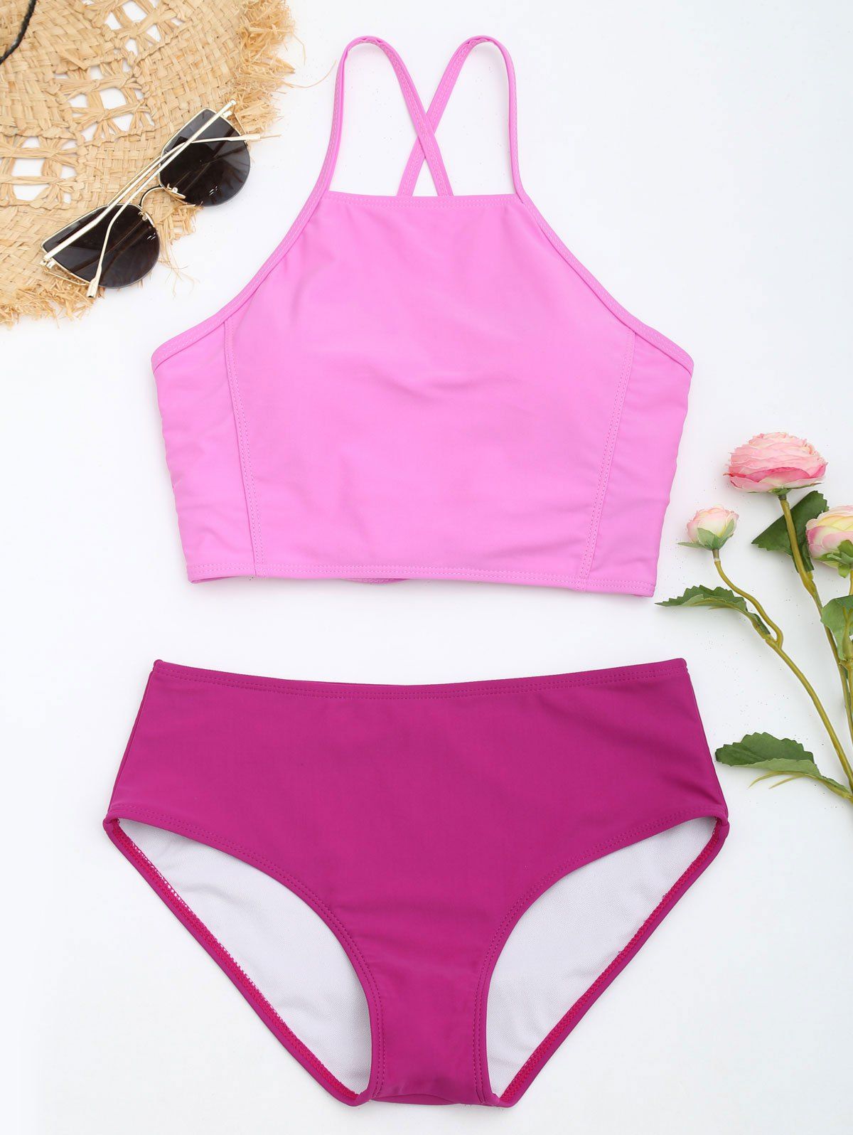 

Cross Back Two Tone Bikini Set, Pinkish purple