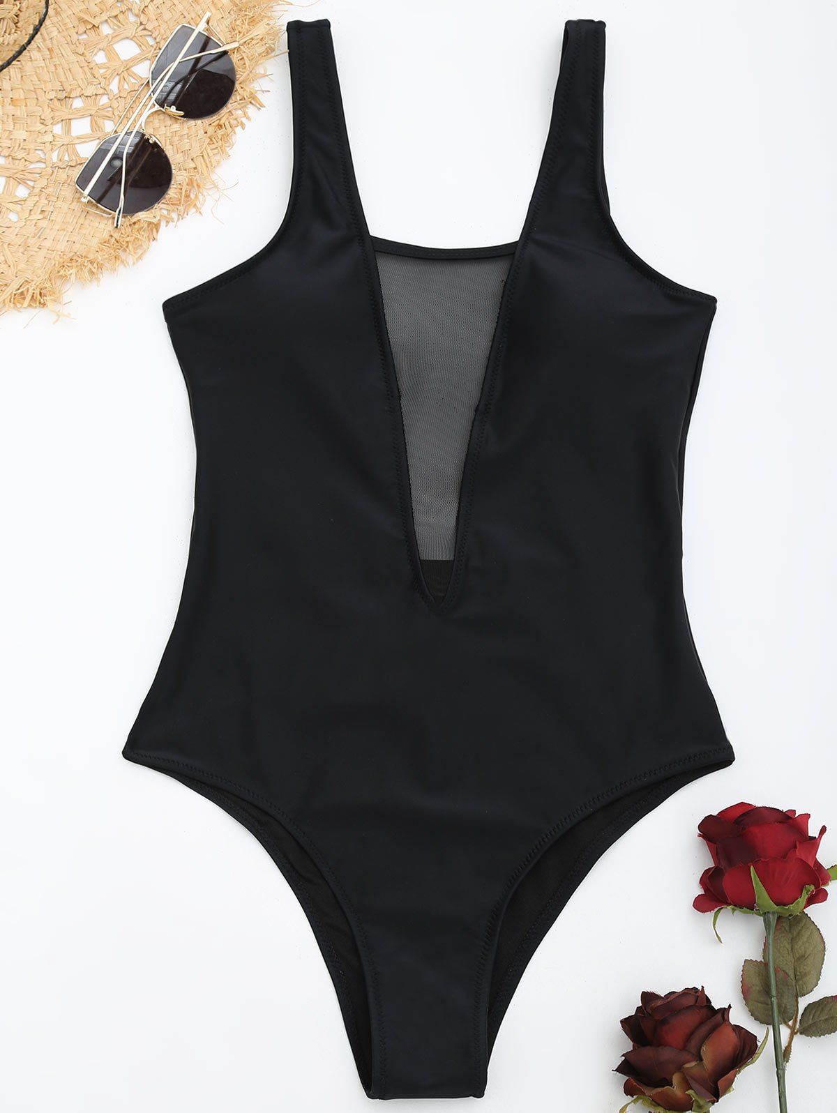 

Mesh Insert Low Back One Piece Swimsuit, Black