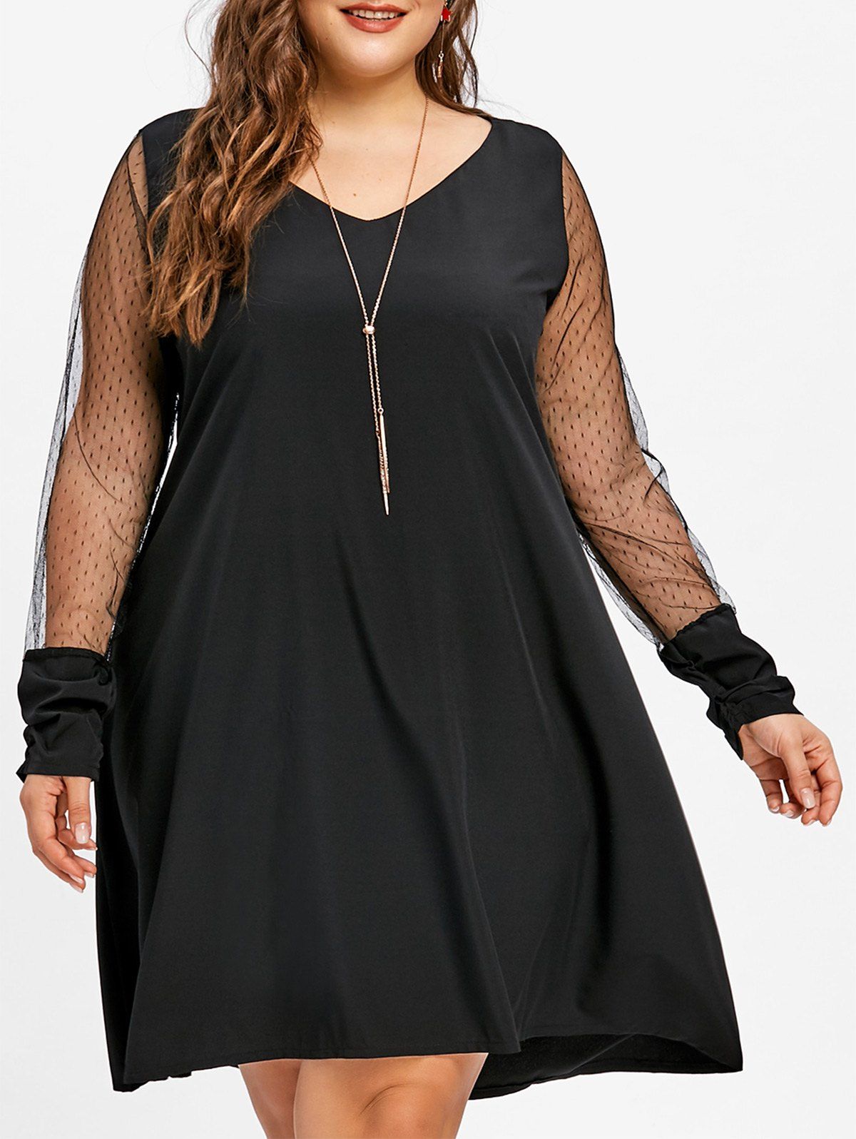 

Plus Size Lace Panel V Neck Tunic Dress, Black
