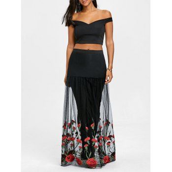 

Crop Top with Tiered Tulle Flower Skirt, Black/red