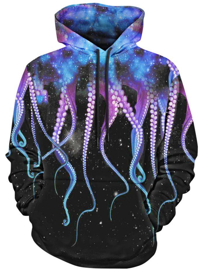 

Octopus Claw and Galaxy Printed Drawstring Hoodie, Blue