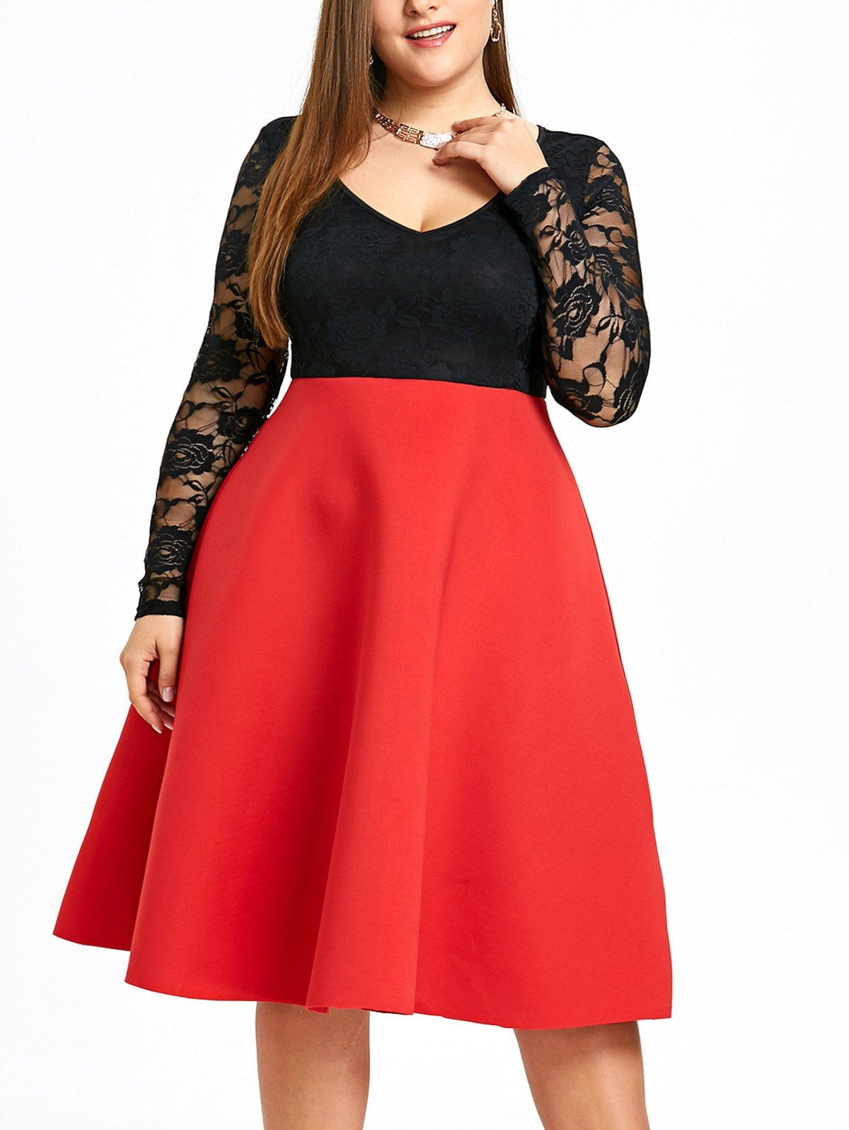 

Plus Size V Neck Two Tone Swing Dress, Red