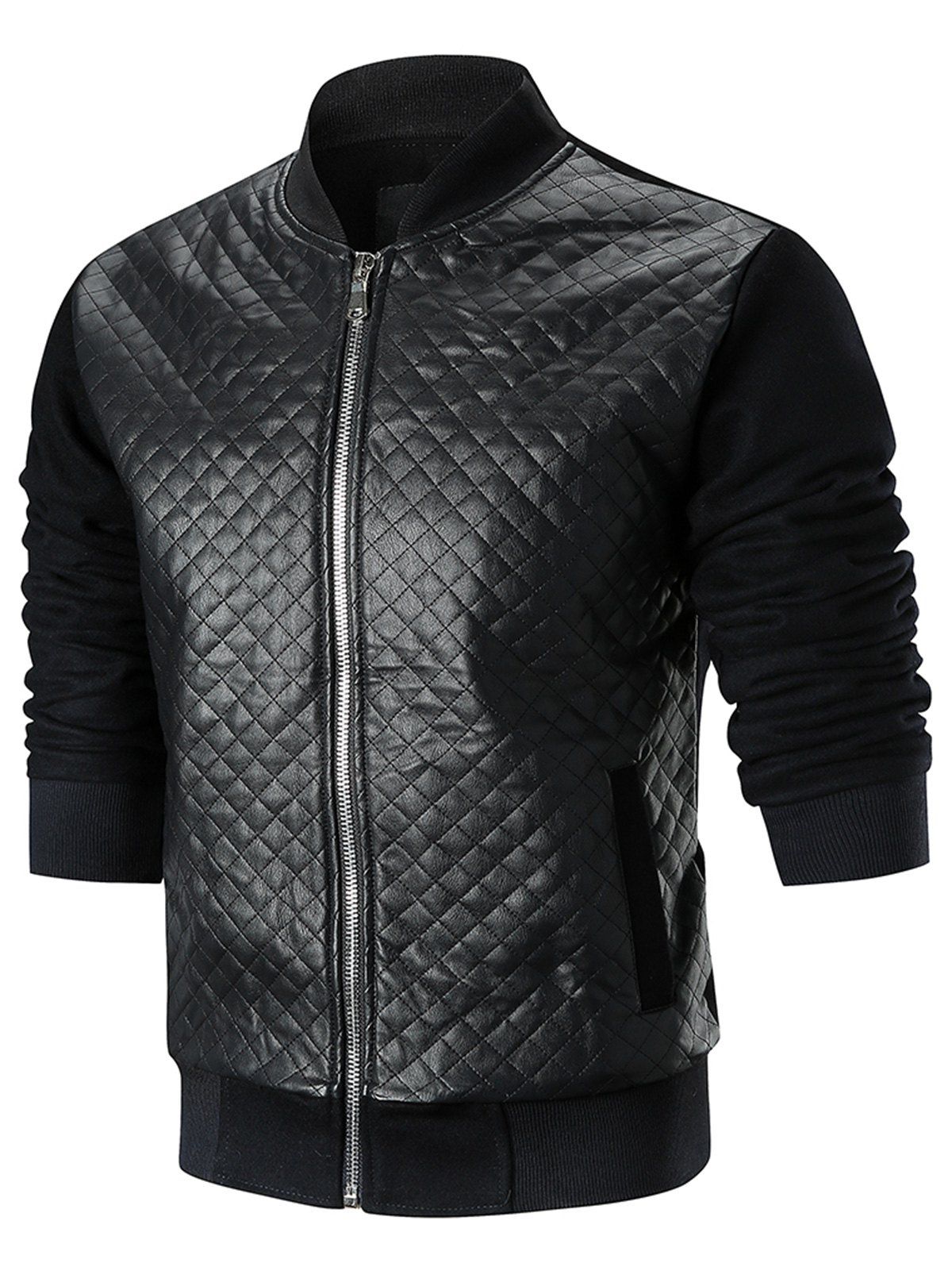 

Stand Collar Checker Faux Leather Jacket, Black