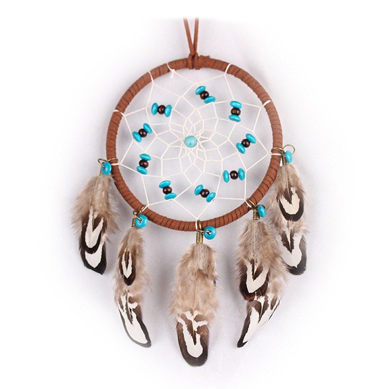 

Turquoise Wooden Bead Feather Hanging Handmade Dream Catcher, Brown