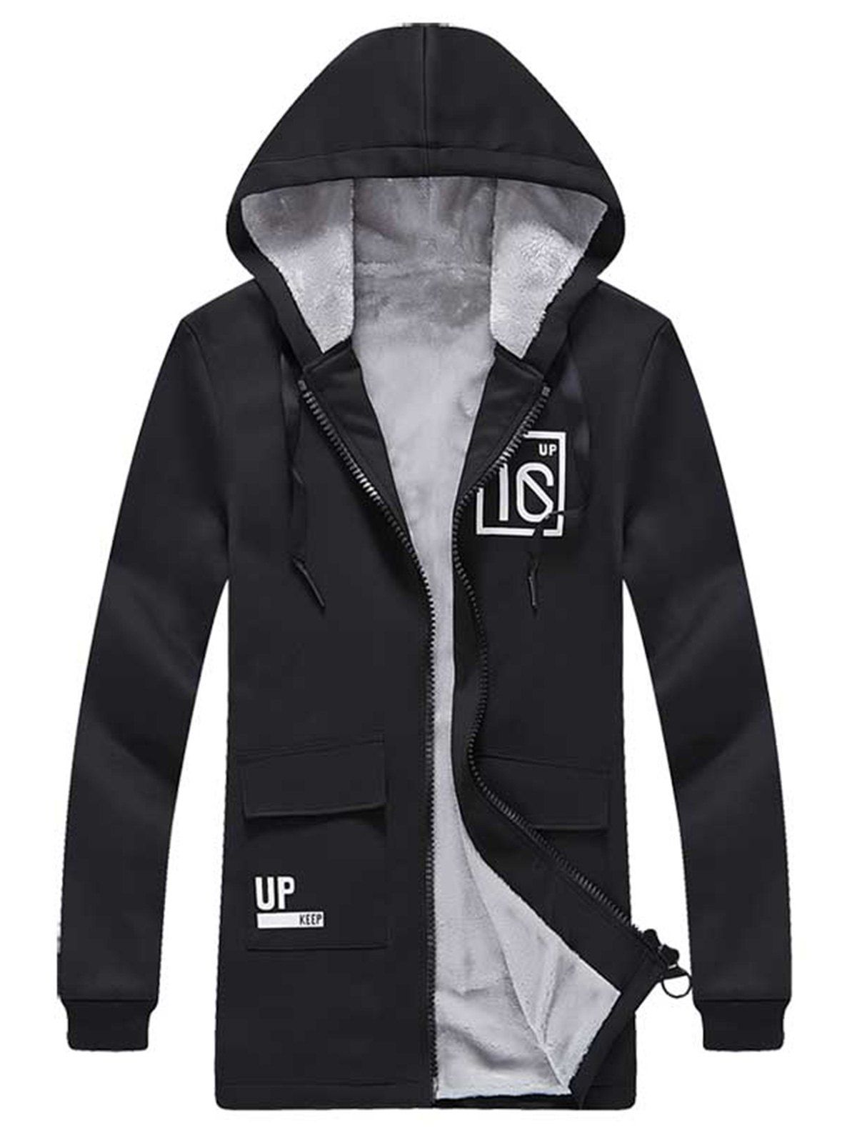

Pockets Graphic Longline Zip Up Fleece Hoodie, Black