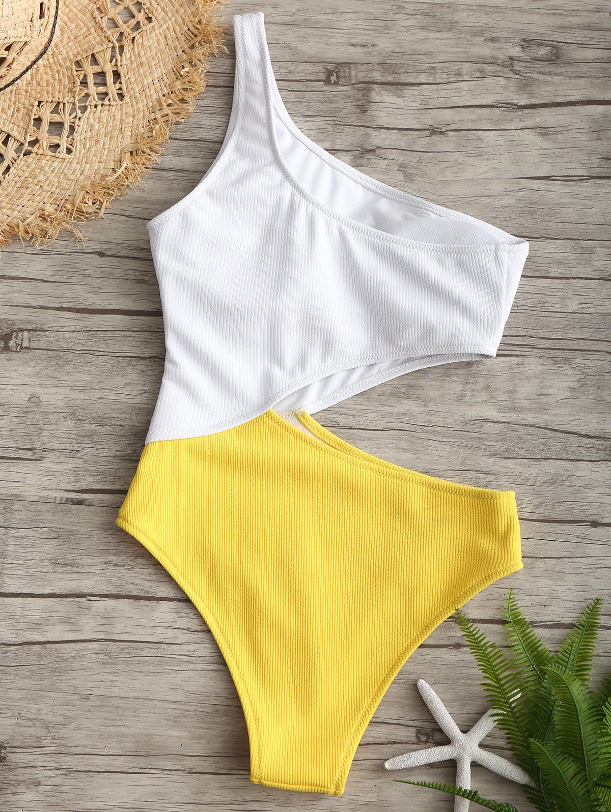 2018 Cut Out One Shoulder Two Tone Swimsuit YELLOW L In One-Pieces ...