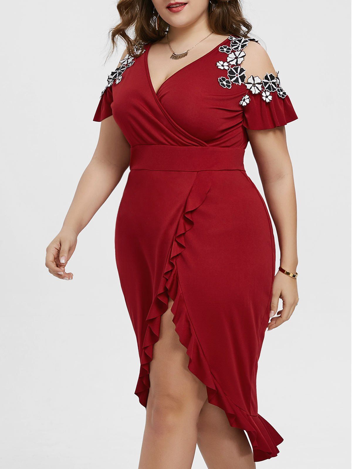 

Plus Size Cold Shoulder Fishtail Midi Dress, Wine red