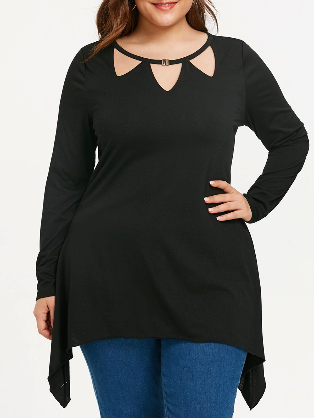 

Plus Size Cut Out Long Sleeve Asymmetrical T-shirt, Black