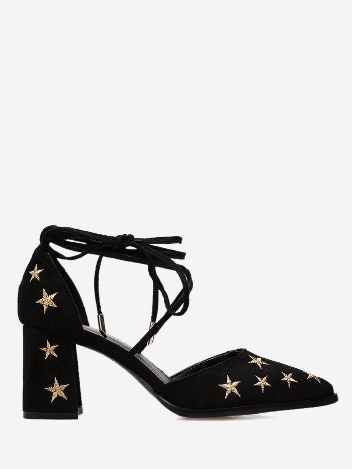 

Ankle Strap Stars Embroidery Mid Heel Pumps, Black