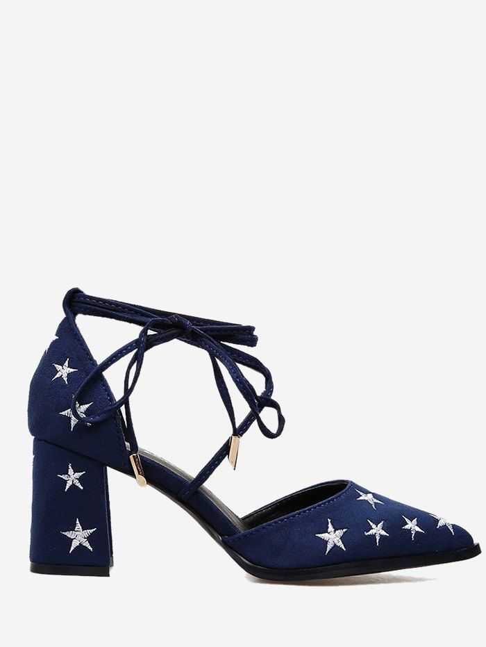

Ankle Strap Stars Embroidery Mid Heel Pumps, Blue