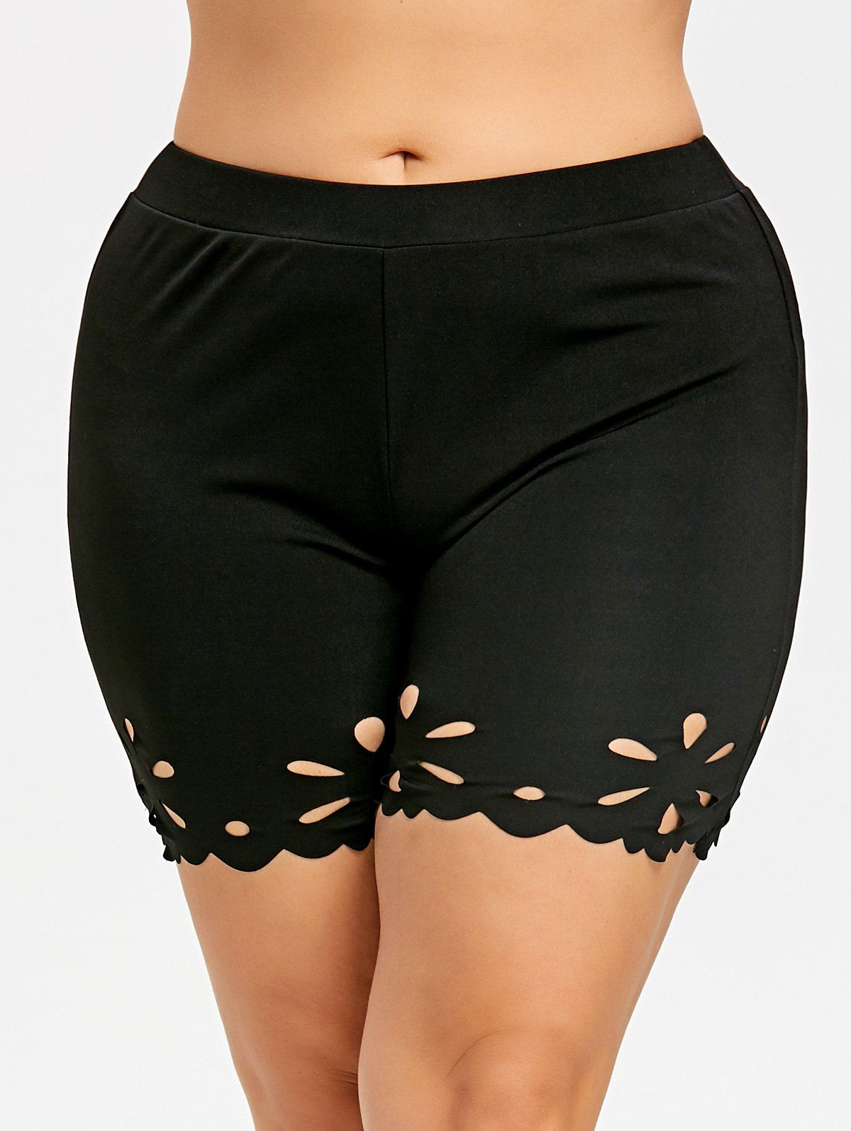 [17% OFF] 2021 Plus Size Scalloped Edge Fitted Shorts In BLACK | DressLily