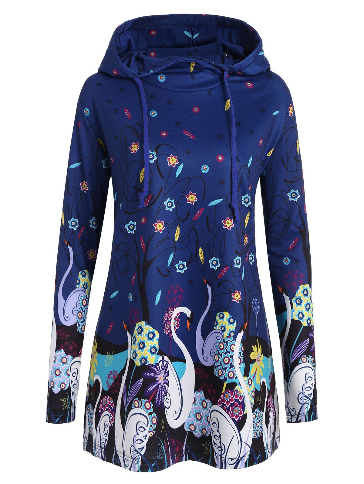 

Long Plus Size Swan Print Hoodie, Blue