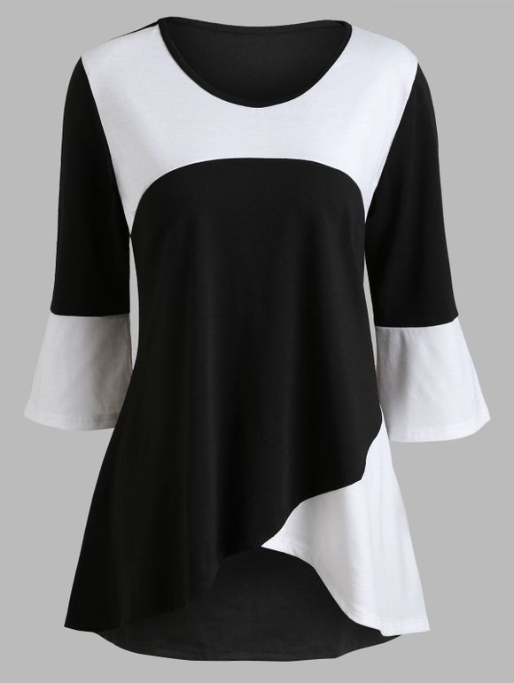 T-shirt à Manches 3/4 à Imprimé Tulipe Devant - Blanc et Noir XL