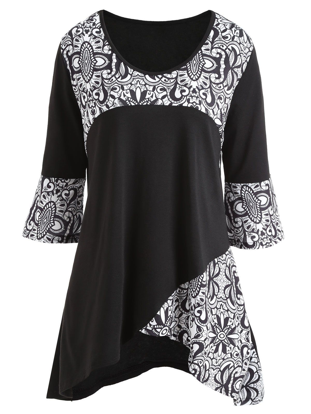 

Lace Printed Panel Plus Size Crescent T-shirt, Black