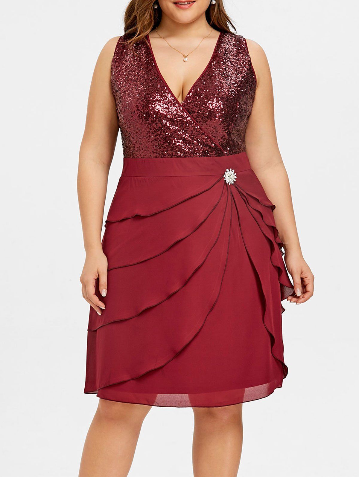 

Plus Size Tiered Ruffle Sequins Chiffon Panel Dress, Wine red