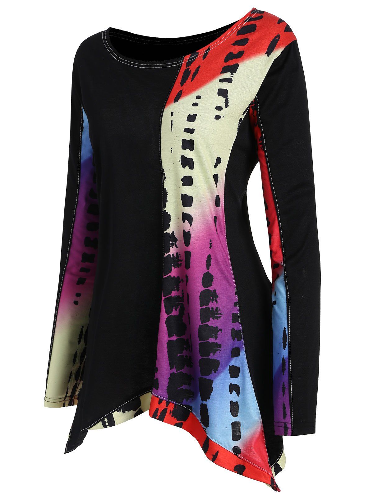 

Plus Size Color Block Asymmetric Long T-shirt, Black
