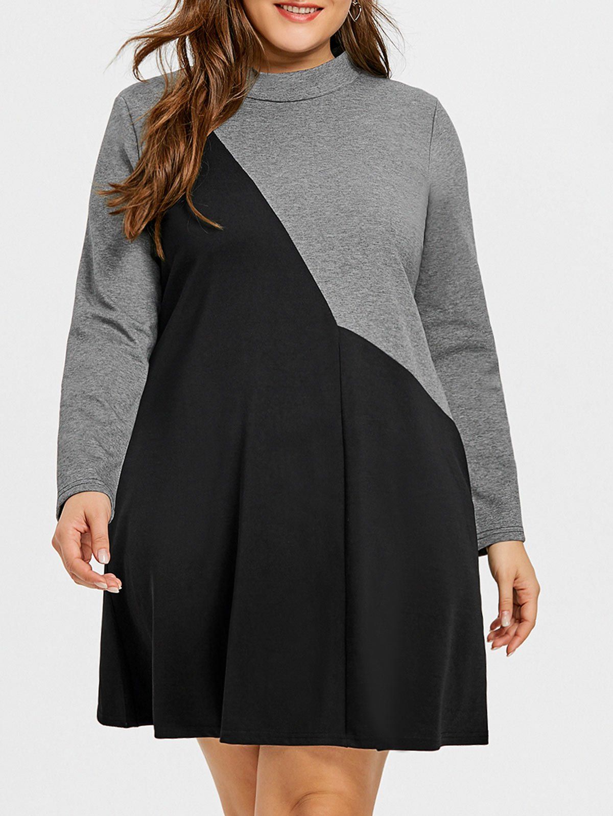 

Plus Size Color Block Long Sleeve Dress, Black and grey