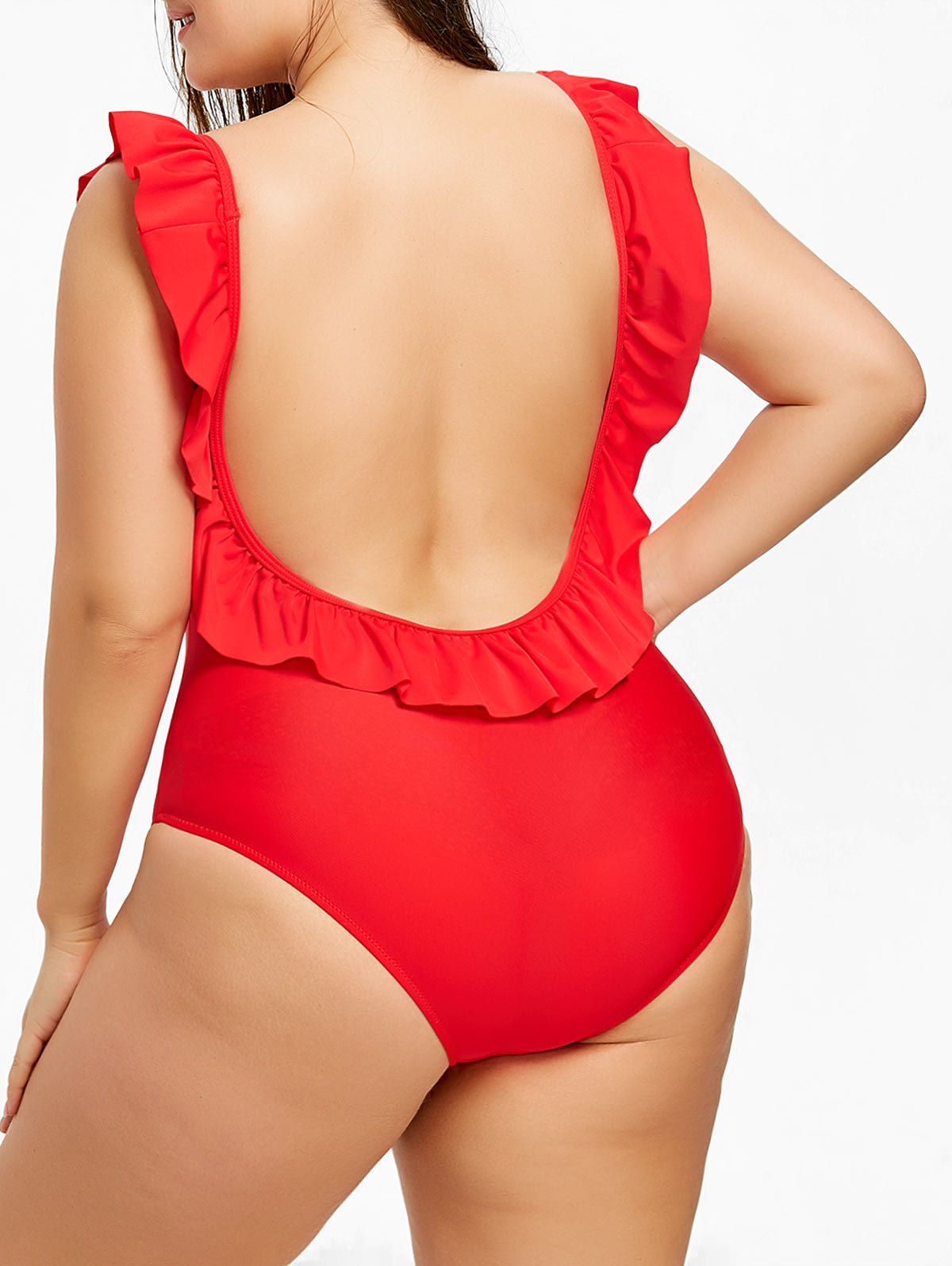 

Ruffled Plus Size Backless Swimsuit, Red