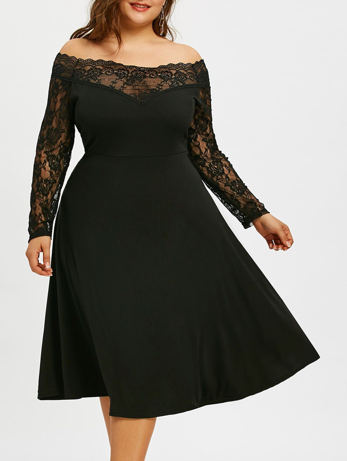 

Plus Size Off The Shoulder Lace Sleeve Dress, Black