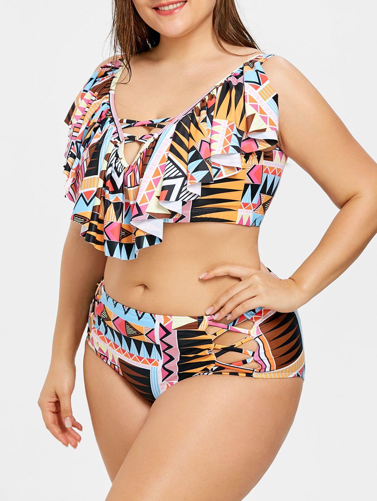 

Plus Size Geometric Ruffle Bikini Set, Colormix
