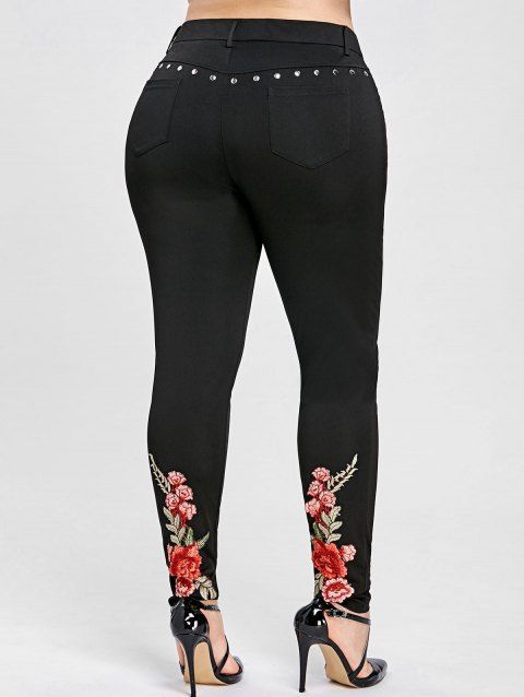 [41 Off] 2019 Floral Embroidered Rivet Plus Size Pencil Pants In Black