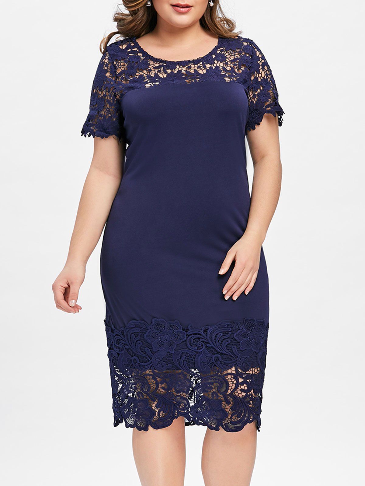 

Plus Size Lace Edge Cutwork Pencil Dress, Purplish blue