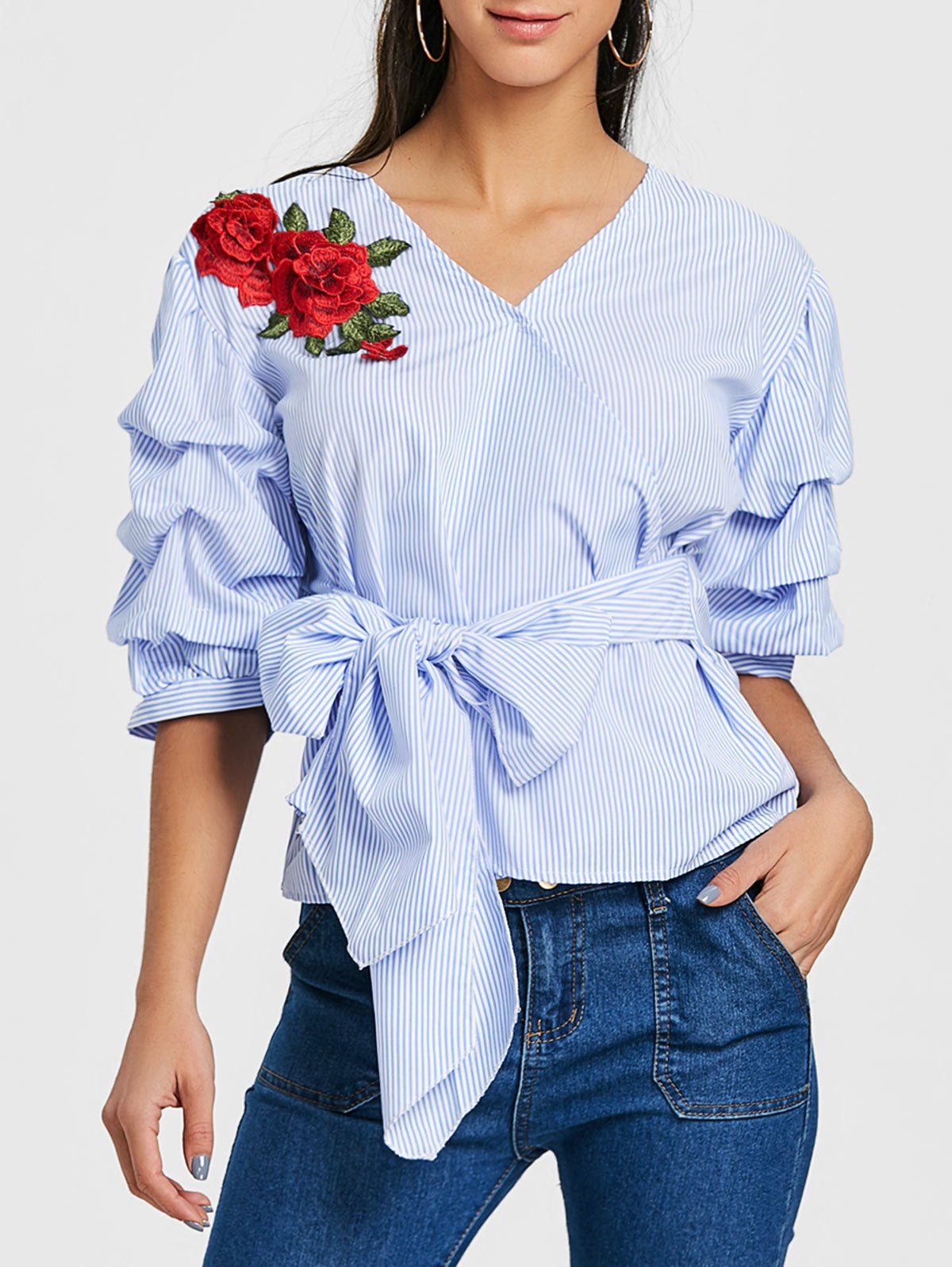 Striped Bowknot Embroidered Blouse - BLUE M