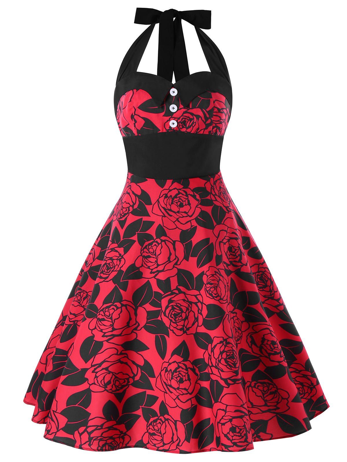 

Plus Size Floral Halter Neck Retro Dress, Red