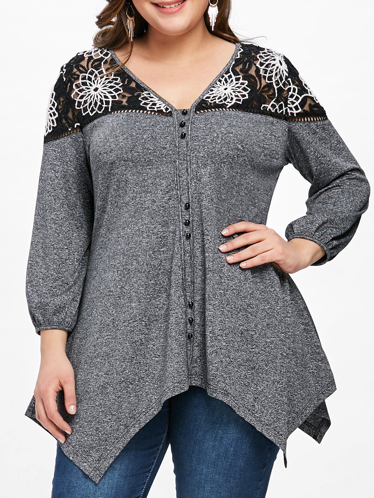 

Plus Size Lace Panel Handkerchief T-shirt, Colormix
