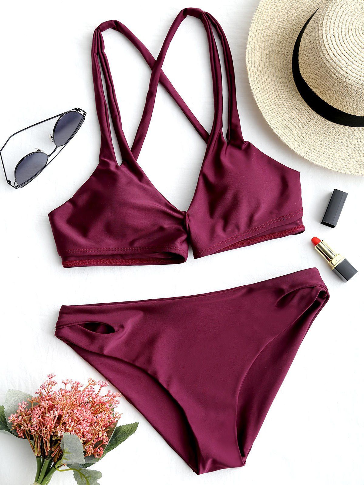 

Criss Cross Low Waisted Bikini Set, Wine red