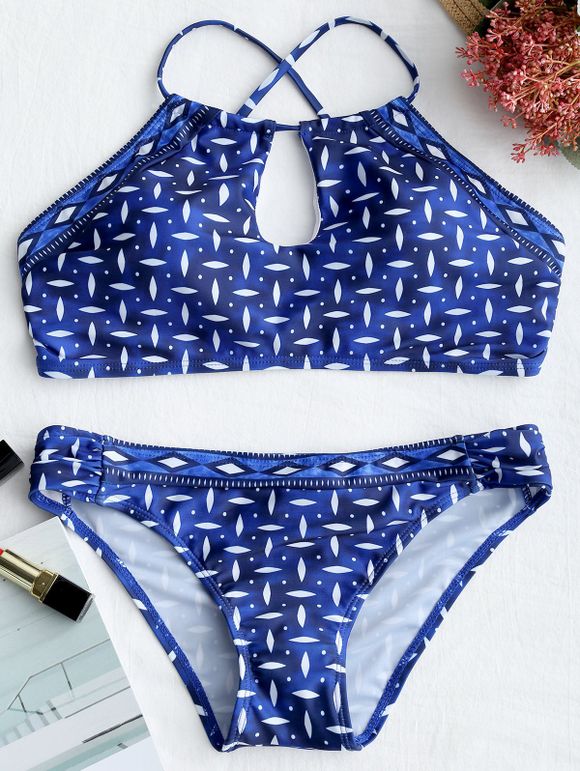 Bikini en Ensemble Imprimé avec Dos Croisé et Encolure en Trou de Serrure - Bleu L
