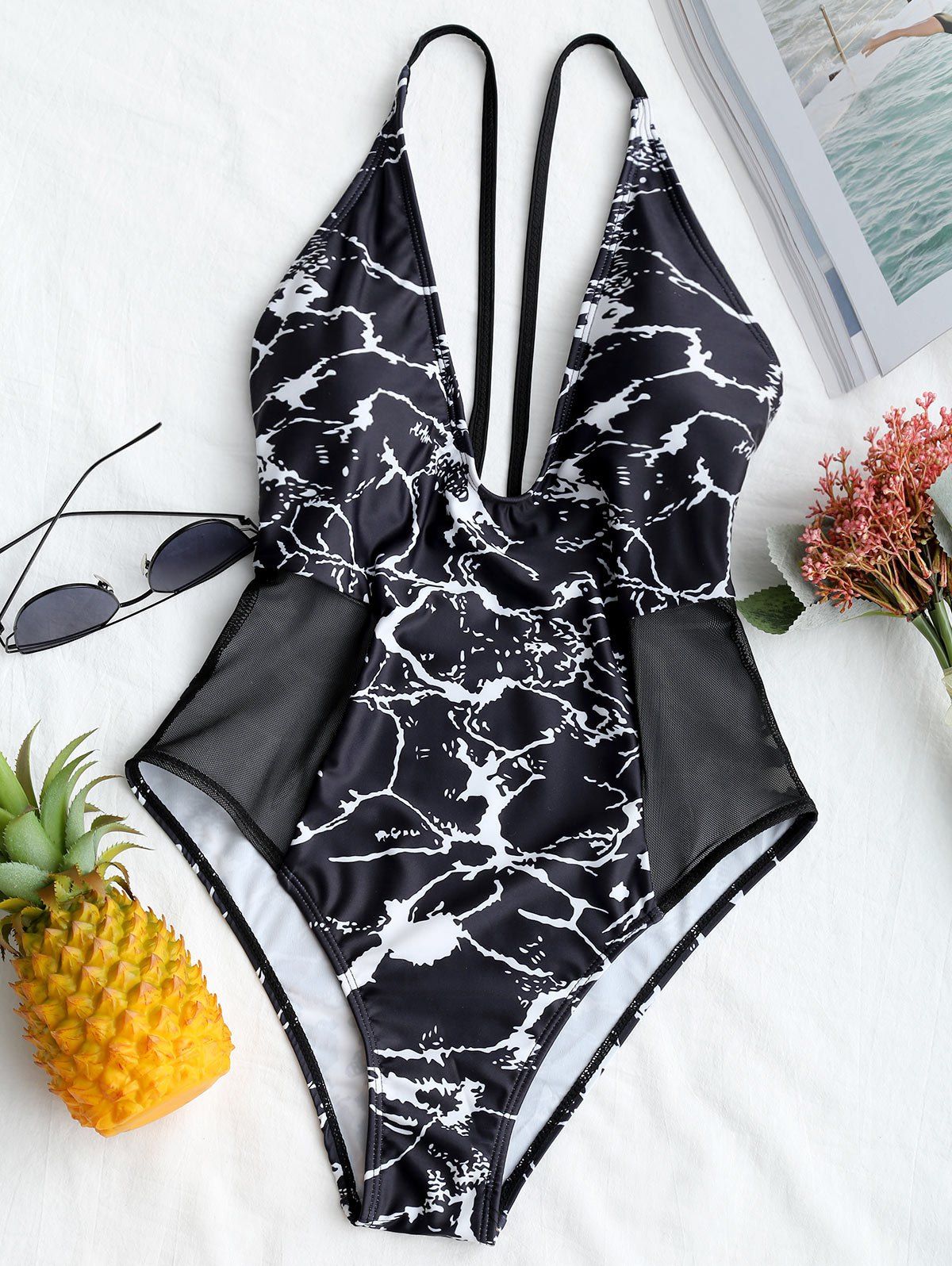 

Print Plunge Neck Mesh Insert Swimsuit, Black