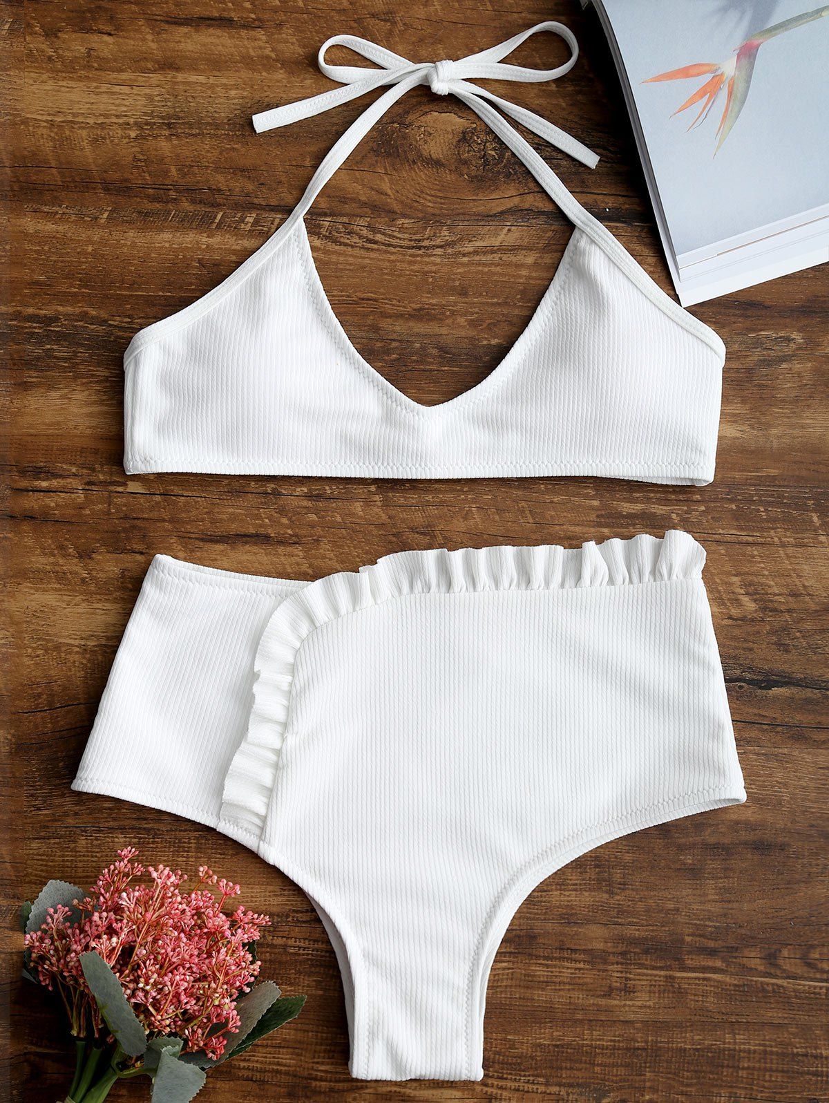 

Ribbed Frilled Trim Halter Bikini Set, White