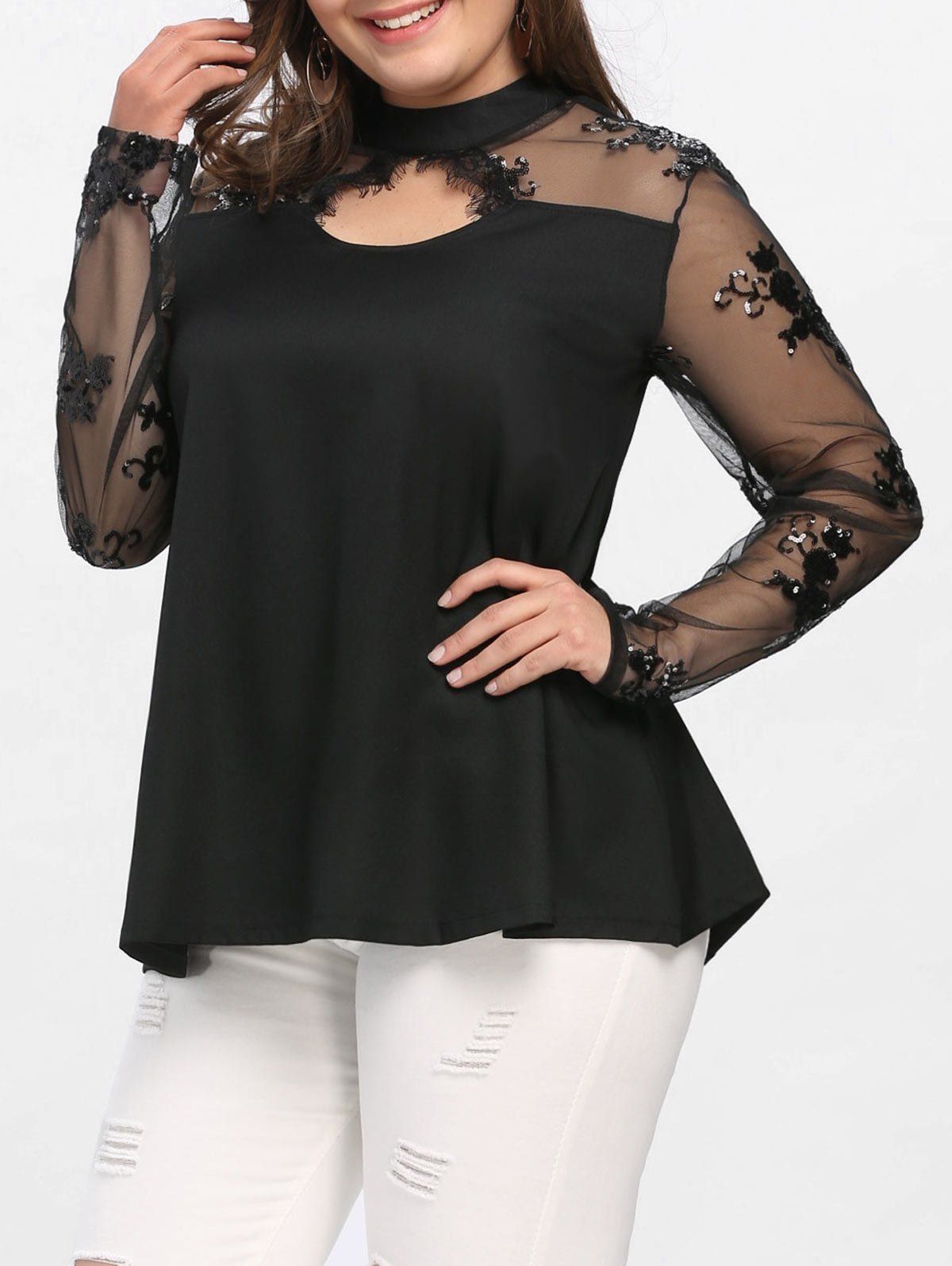 

Mesh Insert Plus Size Keyhole Sequined Top, Black