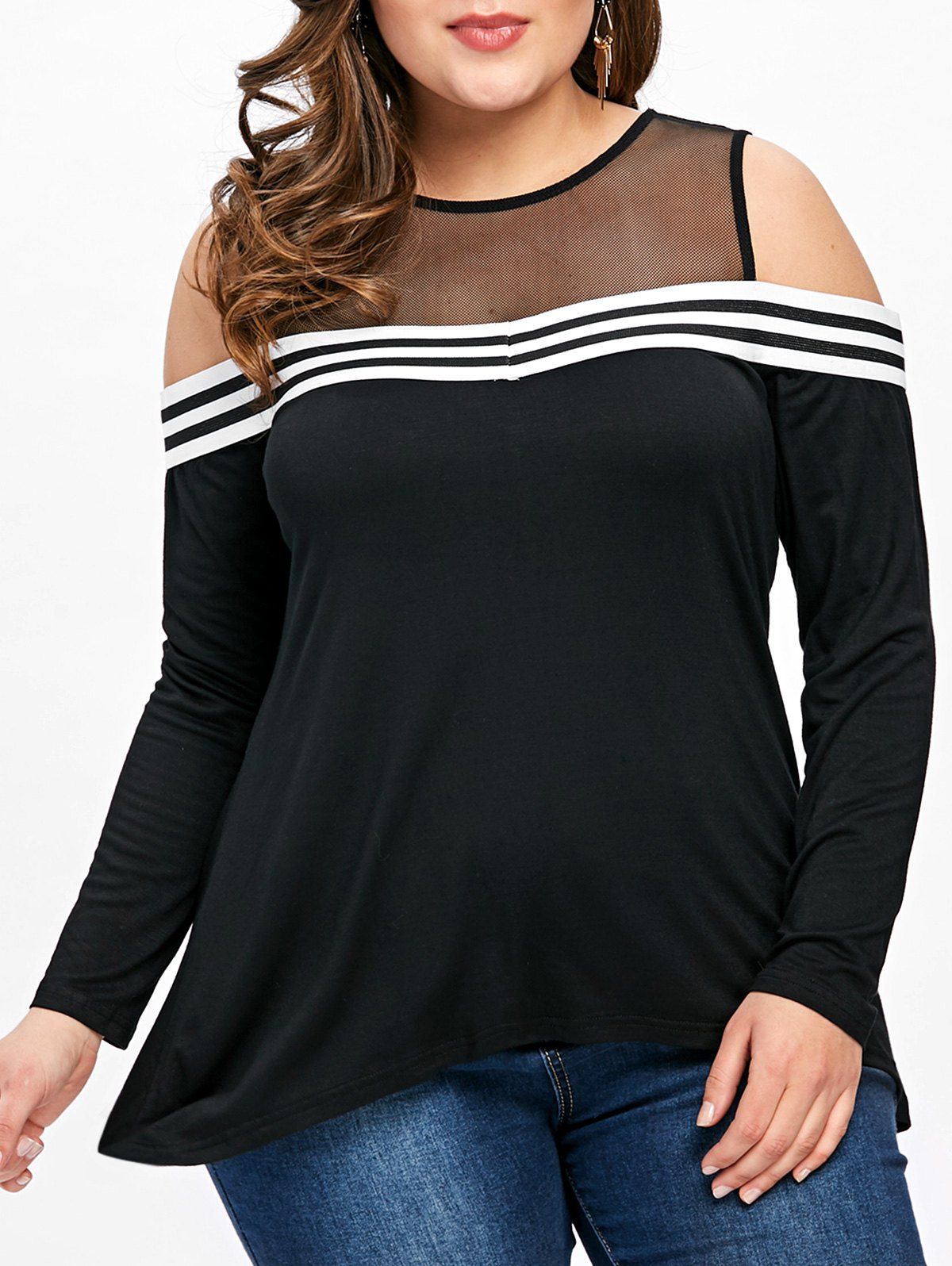 

Plus Size Striped Cold Shoulder T-shirt, Black