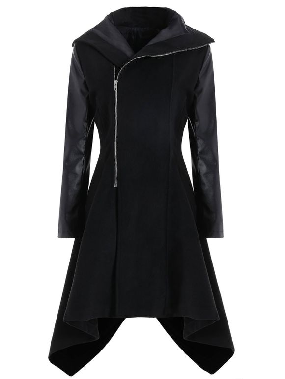 Manteau à Zip Oblique à Joint en Similicuir Grande Taille - Noir 3XL