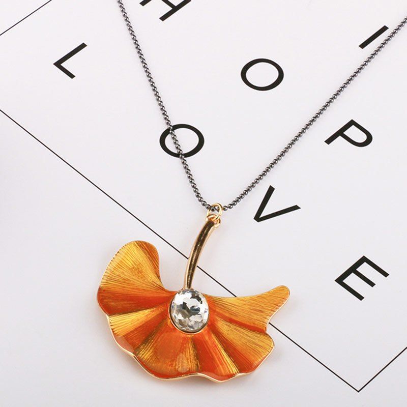 

False Crystal Ginkgo Leaf Pendant Necklace, Orange