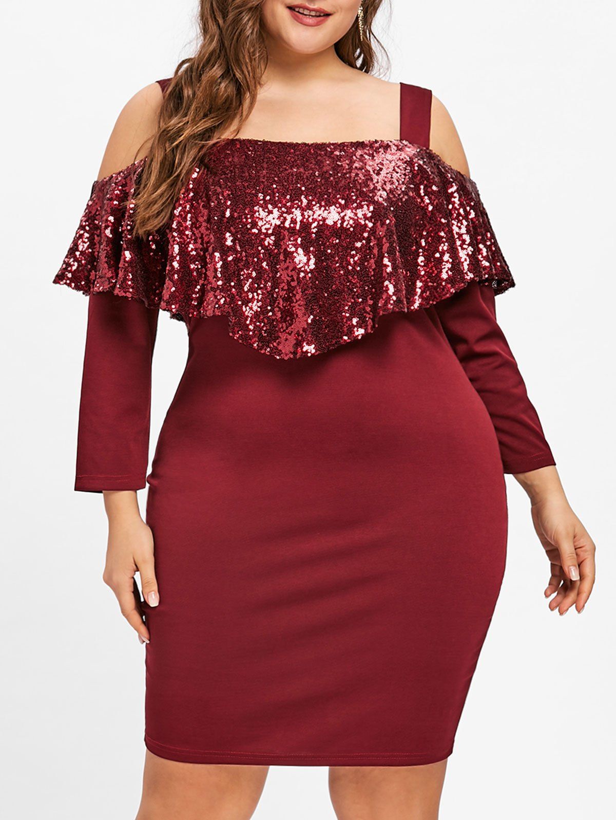 

Plus Size Sequins Open Shoulder Capelet Dress, Wine red