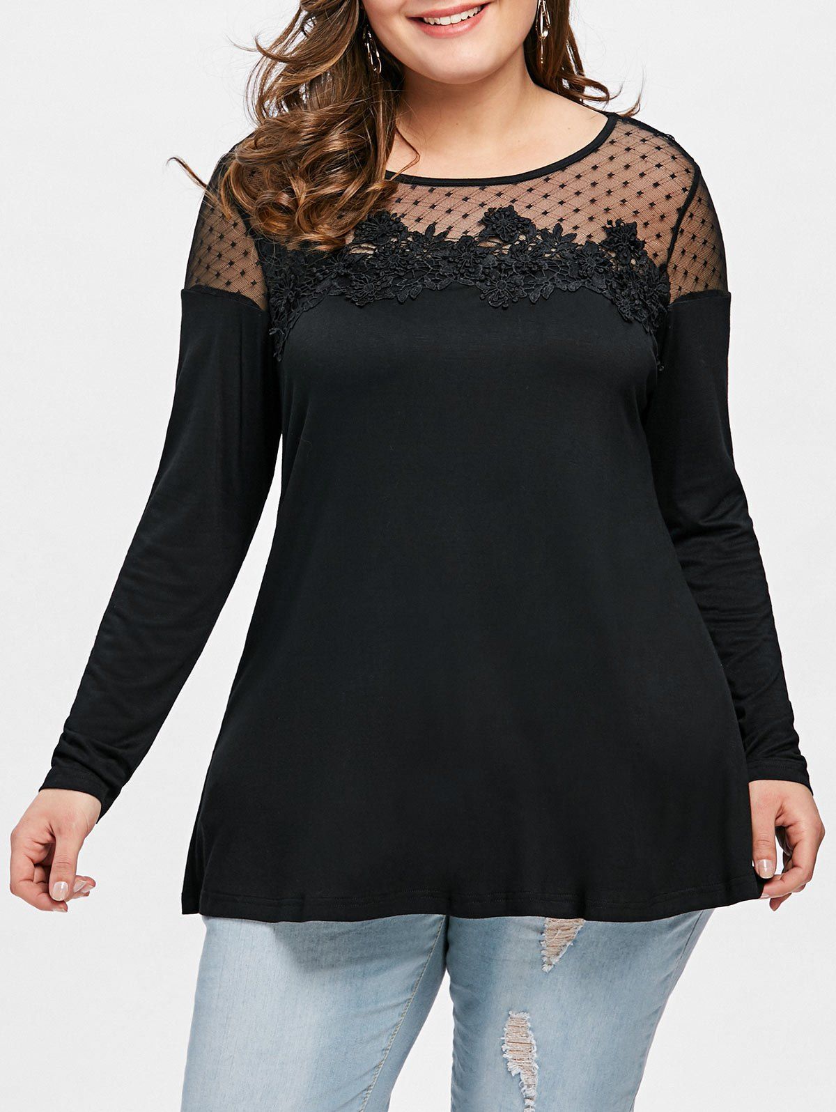 

Mesh Lace Panel Plus Size Long Sleeve T-shirt, Black
