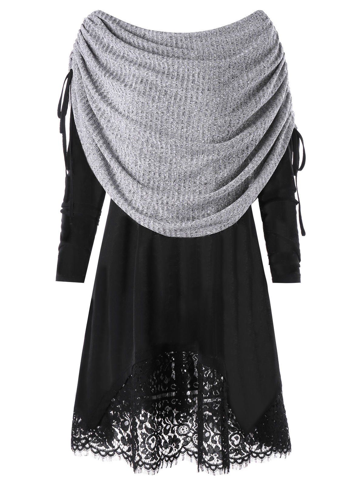 

Plus Size Overlay Lace Trim Tunic Top, Black