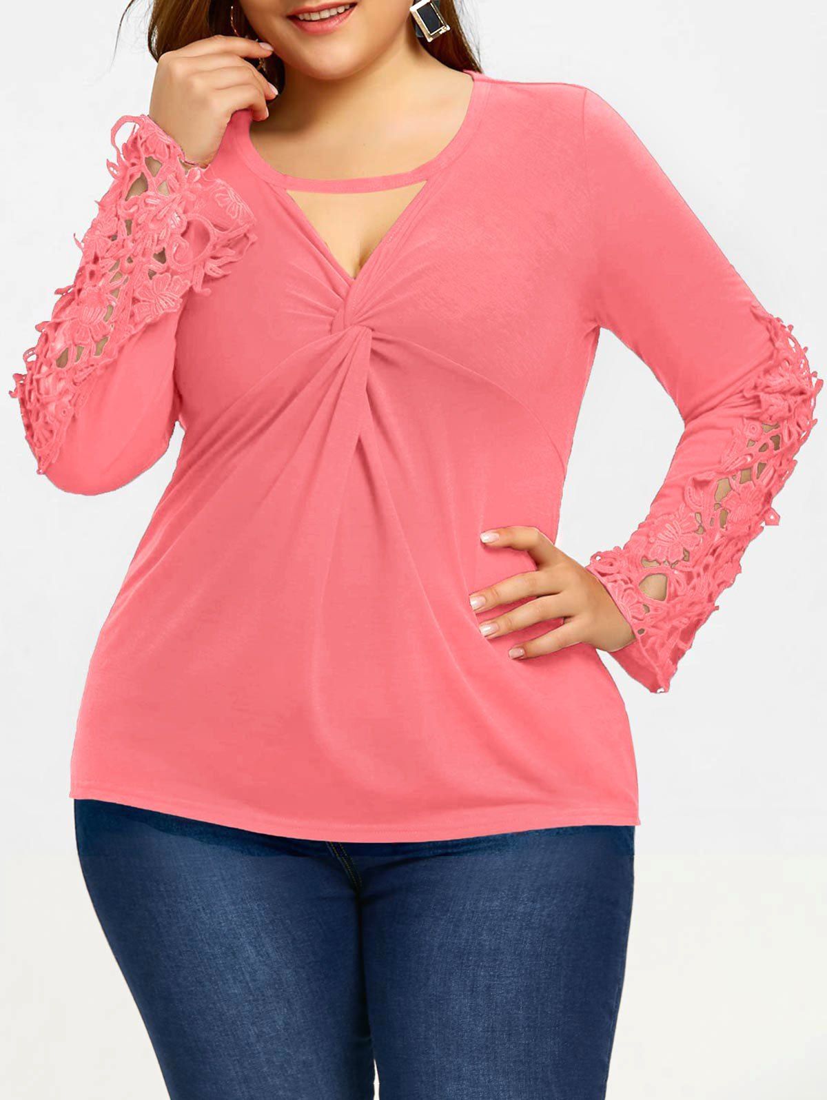 

Crochet Plus Size Bust Twist Keyhole Blouse, Pink