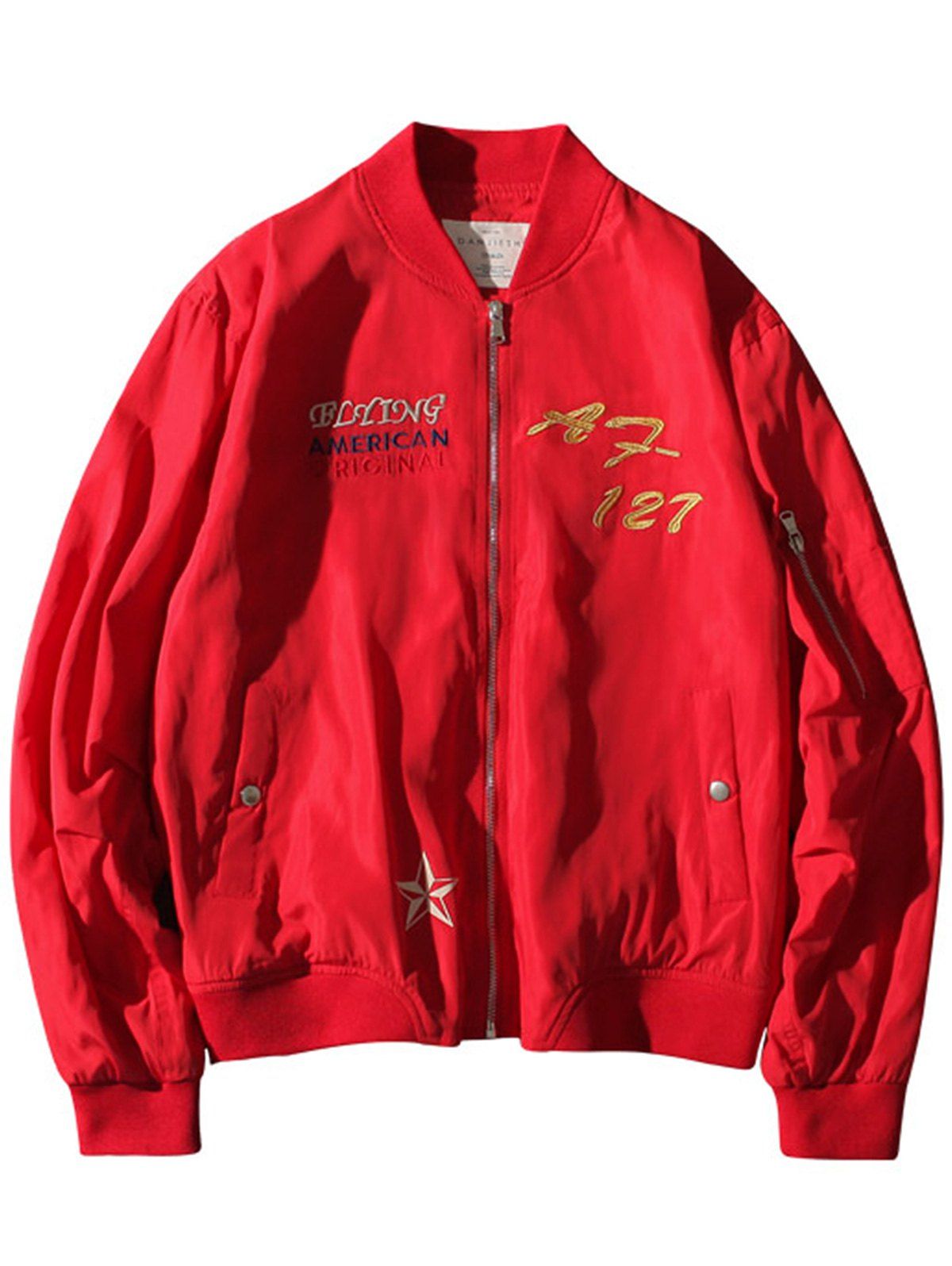 Printed Embroidered Zip Up Bomber Jacket - RED 2XL