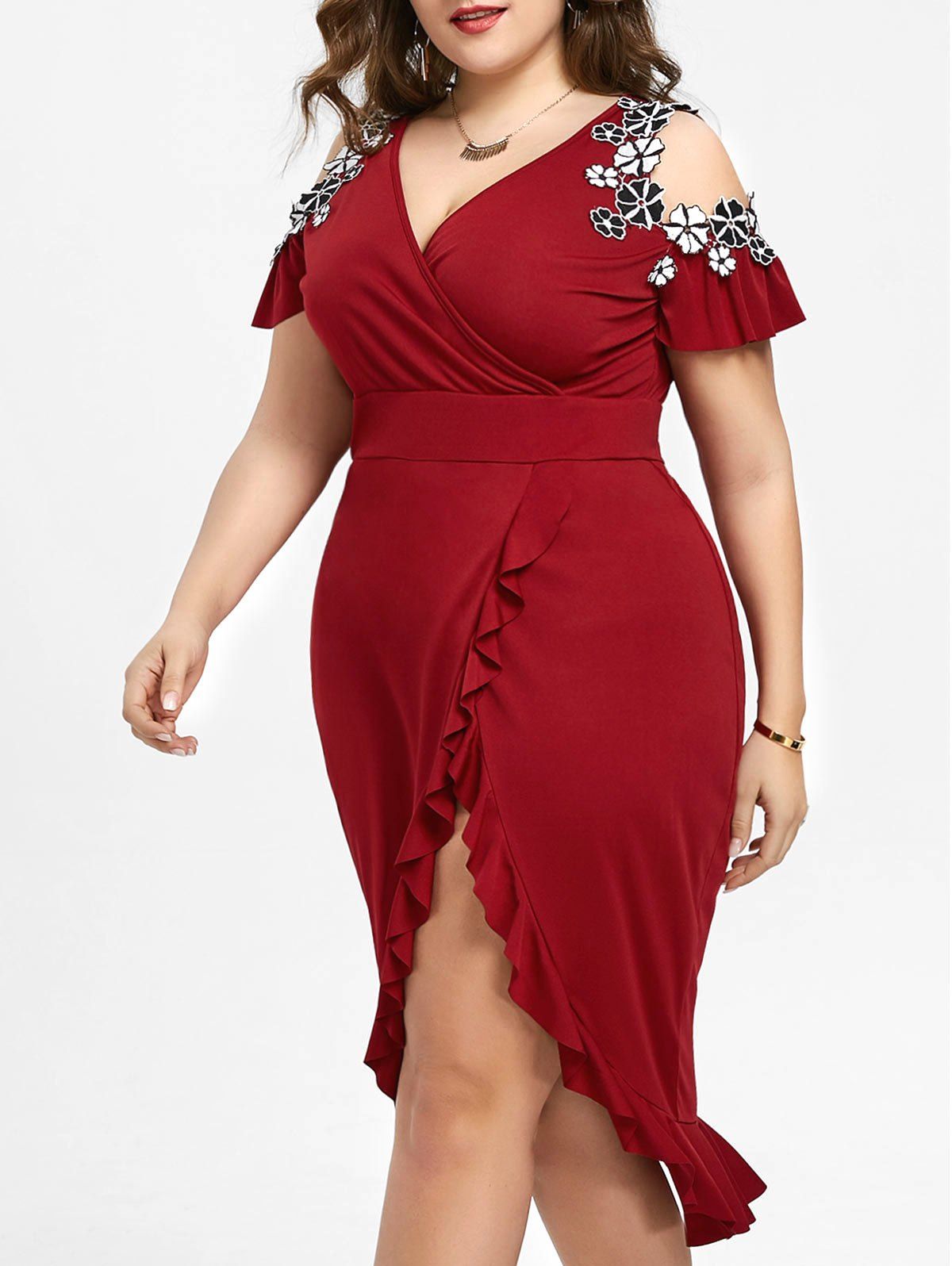 [41% OFF] 2021 Plus Size Cold Shoulder Fishtail Midi Dress In WINE RED ...