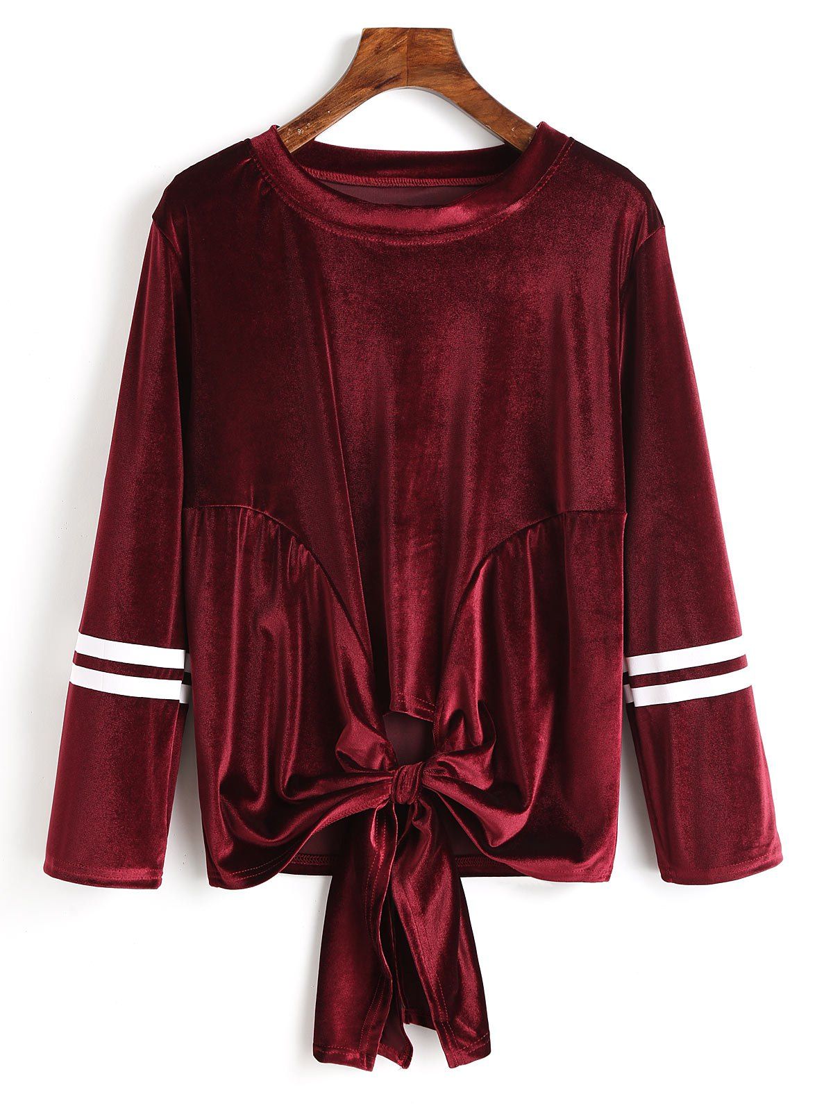 

Bowknot Hem Striped Velvet Sweatshirt, Wine red