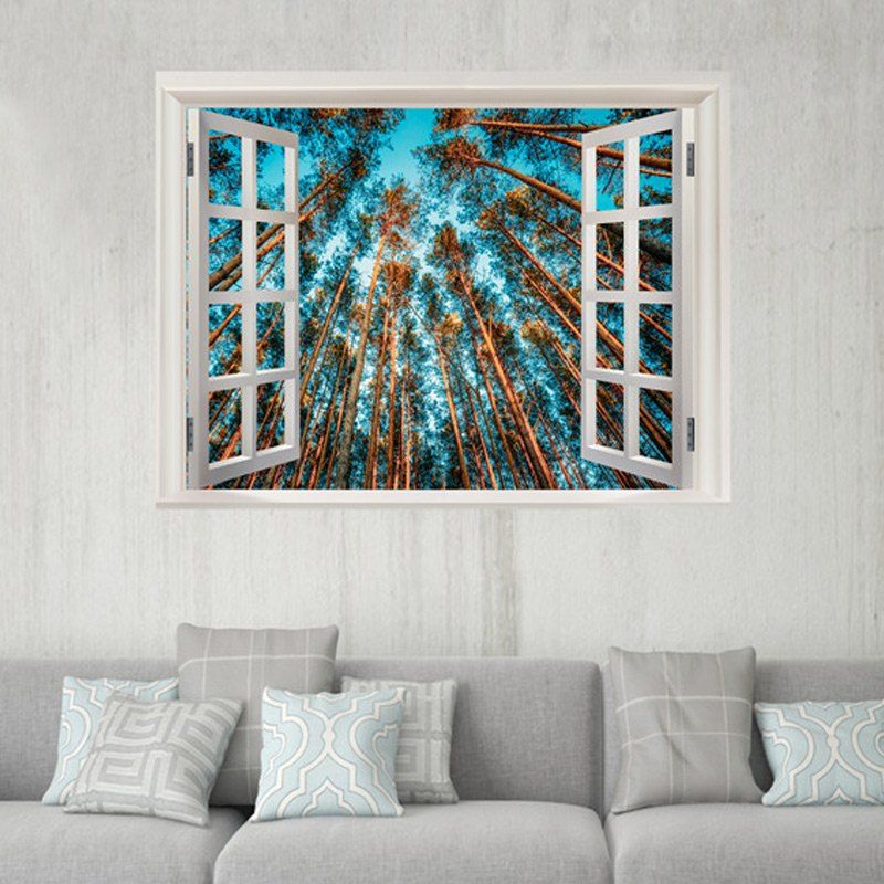 

Window Forest Sky 3D Pattern Wall Sticker, Lake blue