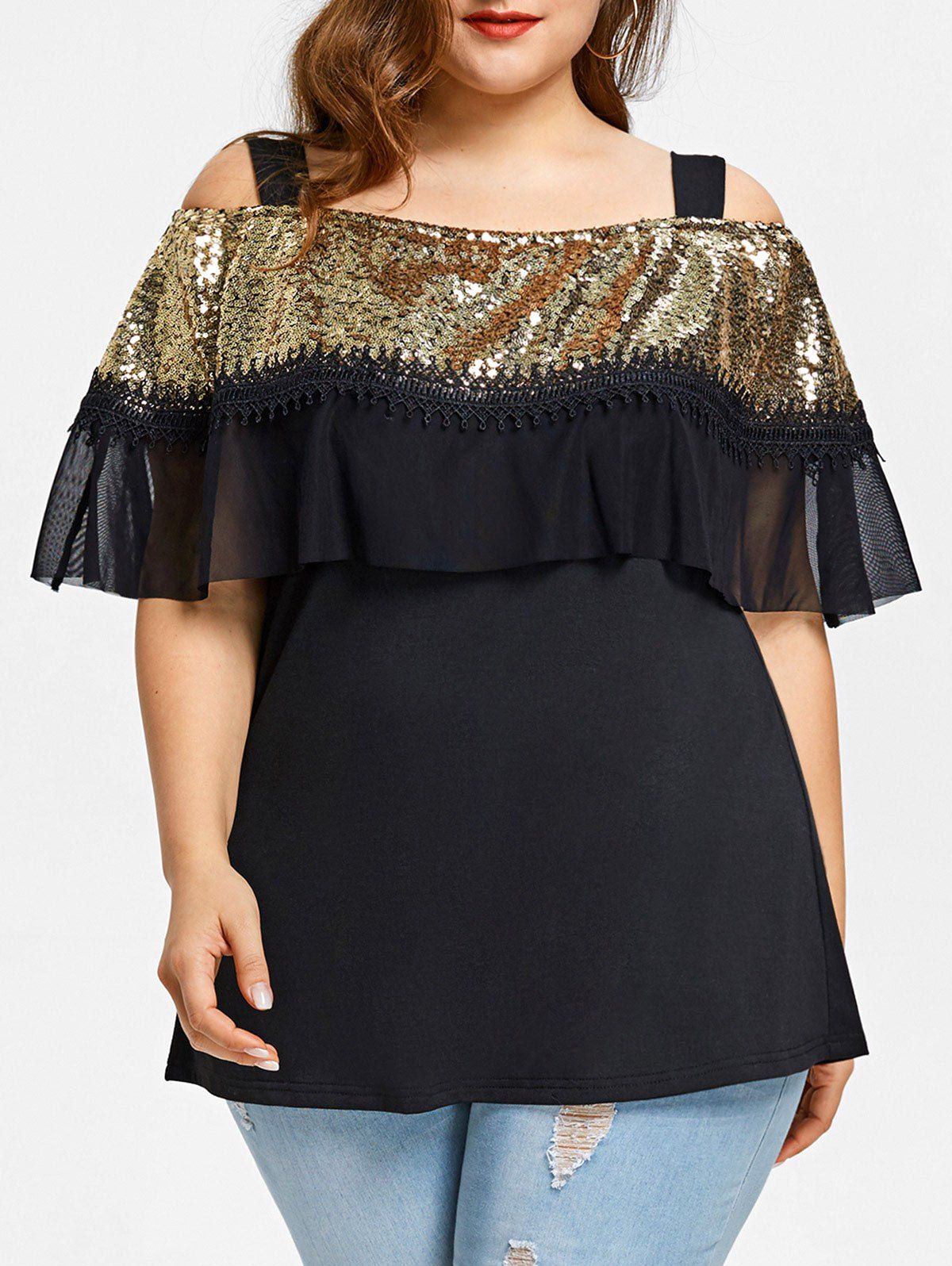 

Plus Size Cold Shoulder Ruffled Sequins T-shirt, Black