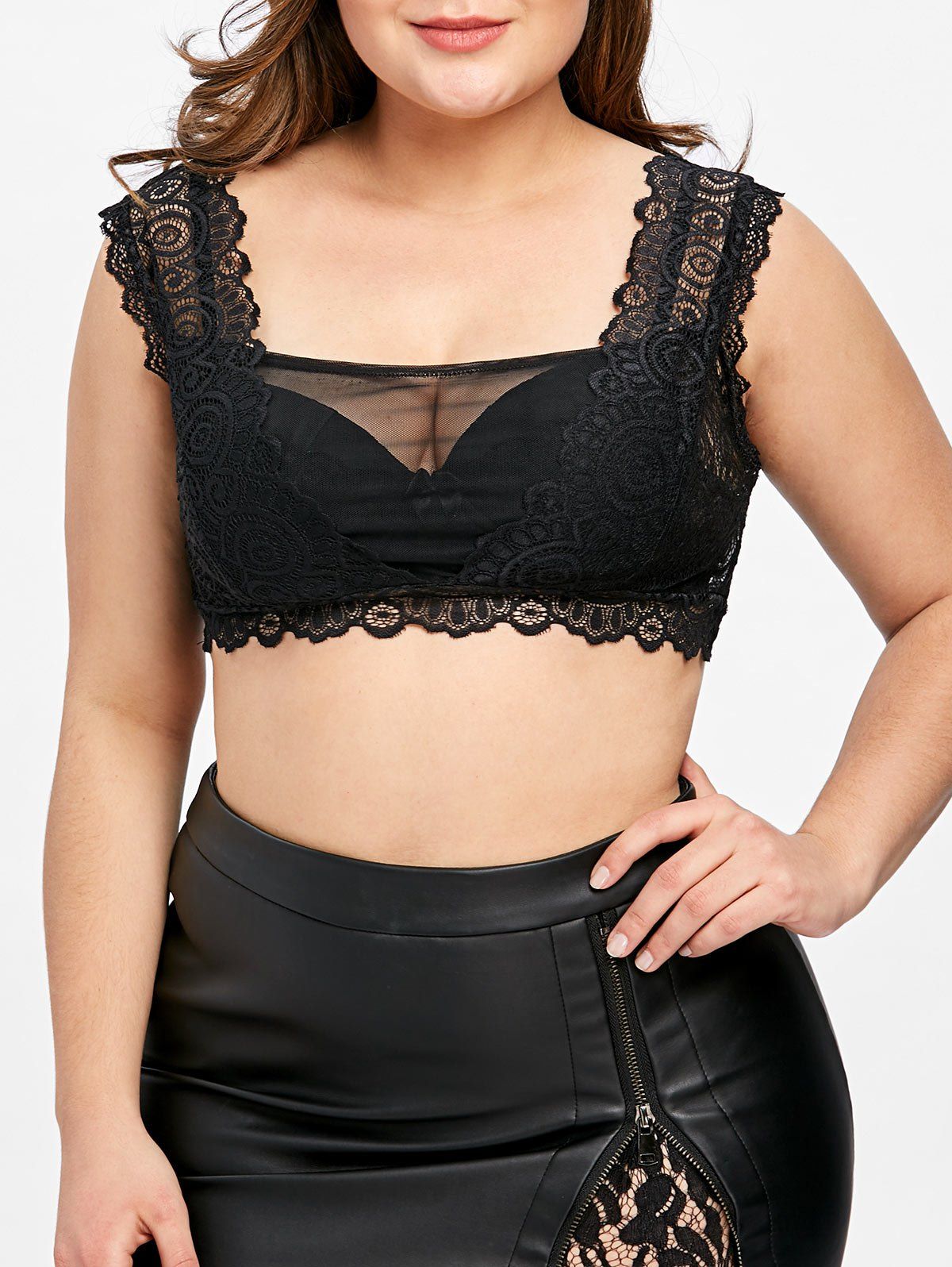 

Plus Size Mesh Panel Lace Crop Top, Black