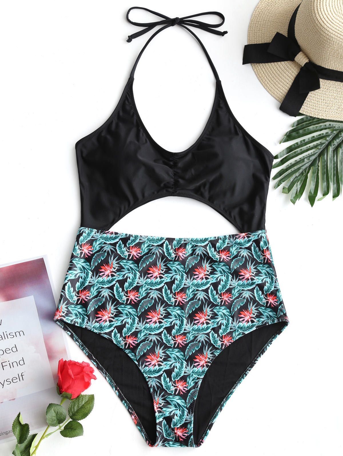 

Plus Size Leaf Print Cut Out Swimwear, Black