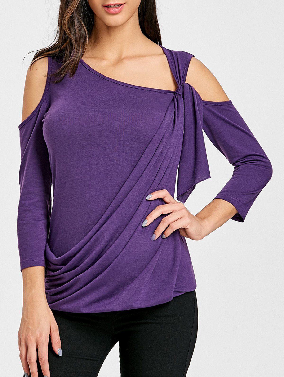 

Ruched Cold Shoulder Skew Neck Top, Purple